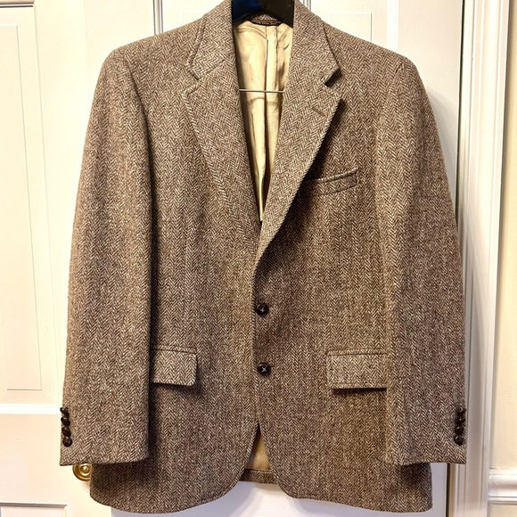 Norm Thompson Harris Tweed Blazer Vintage Herringbone Wool Tan Brown Abt Size 42 - Picture 2 of 10